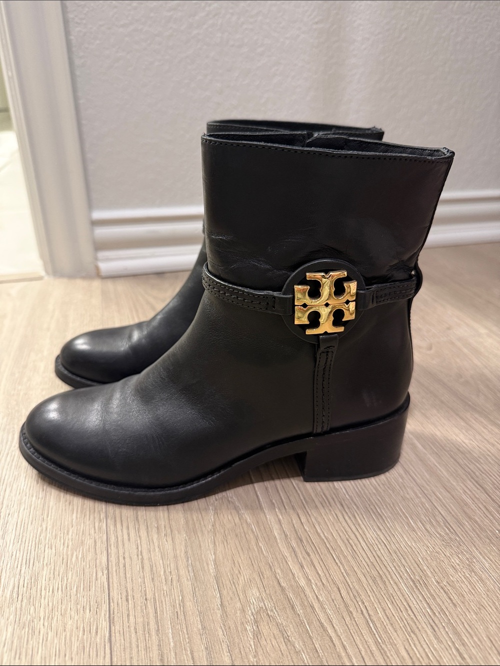 Tory Burch Black Leather Ankle Booties with Gold Logo